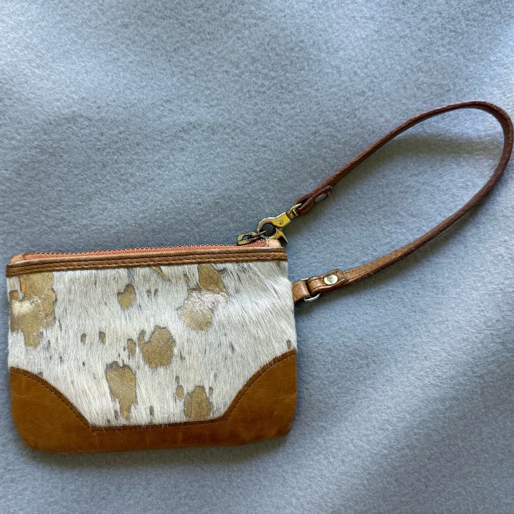 Glenda Gies Brown, Cream, and Gold Cowhide Wristlet